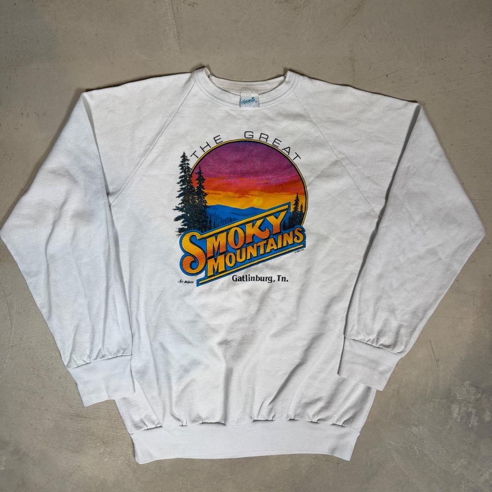 Vintage 1986 Alore Smoky Mountains Gatlinburg TN White Sweatshirt Mens Large USA